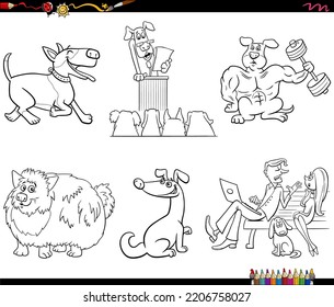 Black and white cartoon illustration of funny dogs and people comic characters set coloring page