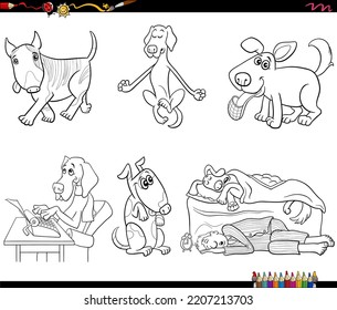 Black and white cartoon illustration of funny dogs characters set coloring page