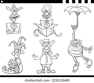 Black and white cartoon illustration of funny clowns comic characters set coloring page