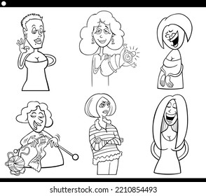Black and white cartoon illustration of funny women characters set coloring page