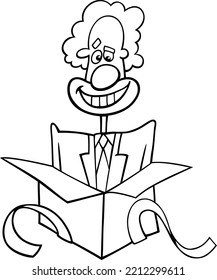 Black and white cartoon illustration of funny clown coming out of the box coloring page