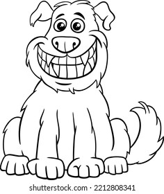 Black and white cartoon illustration of funny dog animal character grinning coloring page