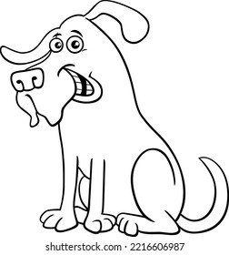 Black and white cartoon illustration of funny shaggy dog comic animal character coloring page