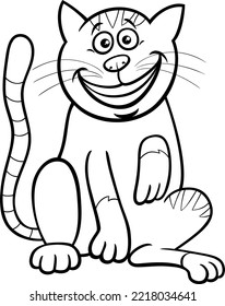 Black and white cartoon illustration of funny cat comic animal character coloring page