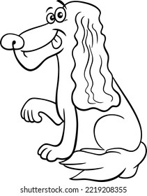 Black and white cartoon illustration of funny cocker spaniel dog comic animal character coloring page