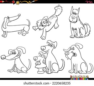 Black and white cartoon illustration of funny dogs comic animal characters set coloring page