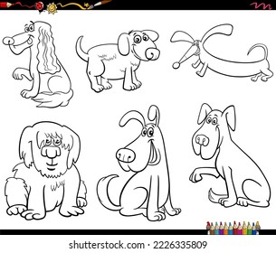 Black and white cartoon illustration of funny dogs comic animal characters set coloring page