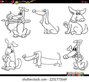 Black and white cartoon illustration of funny dogs comic animal characters set coloring page