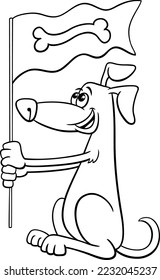 Black and white cartoon illustration of funny dog animal character with dog bone on the flag coloring page