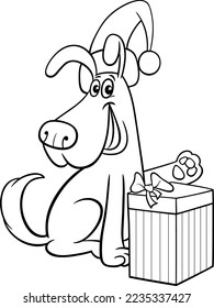 Black and white cartoon illustration of funny dog animal character with gift on Christmas time coloring page