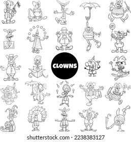 Black and white cartoon illustration of funny clowns comic characters big set