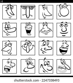 Black and white cartoon illustration of funny comics faces or emotions set
