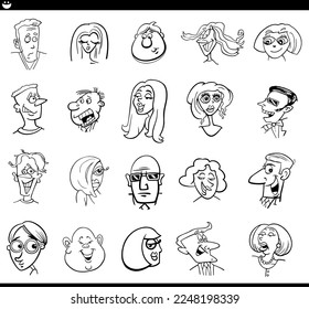 Black and white cartoon illustration of funny people characters faces and emotions set