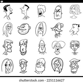 Black and white cartoon illustration of funny different people characters faces and emotions set