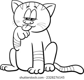 Black and white cartoon illustration of funny tabby kitten comic animal character coloring page