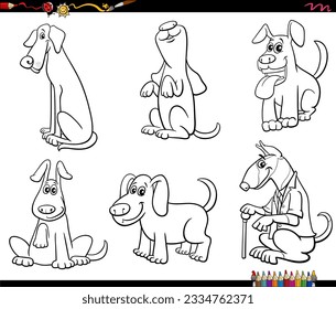 Black and white cartoon illustration of funny dogs comic animal characters set coloring page