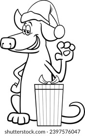 Black and white cartoon illustration of funny dog or puppy animal character with present on Christmas time coloring page