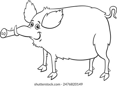 Black and white cartoon illustration of funny wild boar comic animal character coloring page