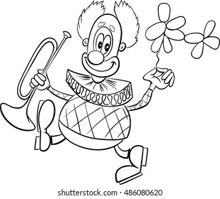 Black and White Cartoon Illustration of Funny Clown Circus Character with Trumpet and Balloon Coloring Book