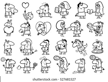 Black and White Cartoon Illustration of Funny People on Valentines Day Time Characters Set Coloring Page