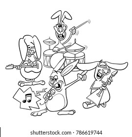 Black and White Cartoon Illustration of Funny Rabbits Rock and Roll Musicians Band Coloring Book