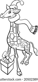 Black and white cartoon illustration of giraffe animal character with present on Christmas time coloring book page