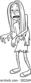 Black and White Cartoon Illustration of Girl in Zombi Costume at Halloween Party or Masked Ball Coloring Book Page