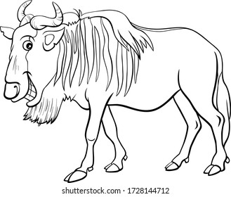 Black and White Cartoon Illustration of Gnu Antelope or Blue Wildebeest African Wild Animal Character Coloring Book Page