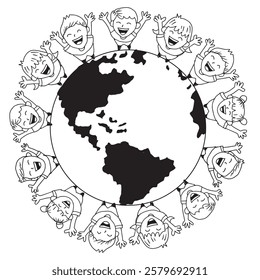 Black and White Cartoon Illustration of Group of Kids around the Earth Globe