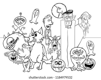 Black and White Cartoon Illustration of Halloween Holiday Monster Characters Group Coloring Book