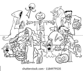 Black and White Cartoon Illustration of Halloween Holiday Spooky Characters Group Coloring Book