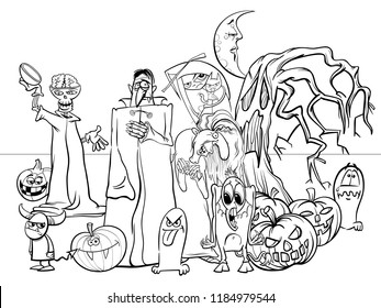 Black and White Cartoon Illustration of Halloween Holiday Scary Characters Group Coloring Book