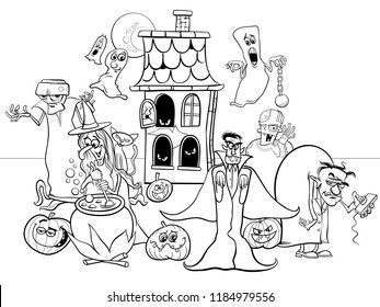 Black and White Cartoon Illustration of Halloween Holiday Funny Characters Group Coloring Book
