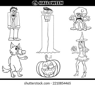 Black and white cartoon illustration of Halloween spooky holiday comic characters set coloring page
