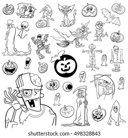 Black and White Cartoon Illustration of Halloween Holiday Themes and Design Elements Set