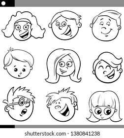 Black and White Cartoon Illustration of Happy Children or Teens Characters Faces Set