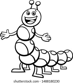 Black and White Cartoon Illustration of Happy Caterpillar Insect Animal Character Coloring Book Page