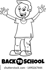 Black and White Cartoon Illustration of Happy Elementary or Teen Age Boy Character with Back to School Sign Coloring Book