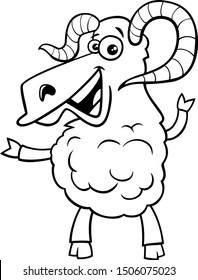 Black and White Cartoon Illustration of Happy Ram Farm Animal Character Coloring Book Page