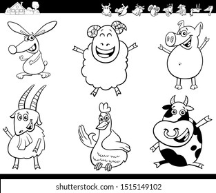 Black and White Cartoon Illustration of Happy Farm Animal Comic Characters Set Coloring Book