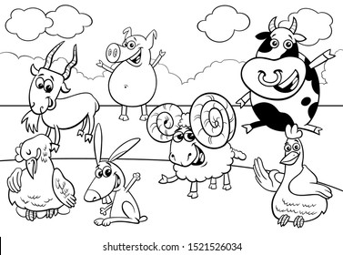 Black and White Cartoon Illustration of Happy Farm Animals Comic Characters Group Coloring Book Page