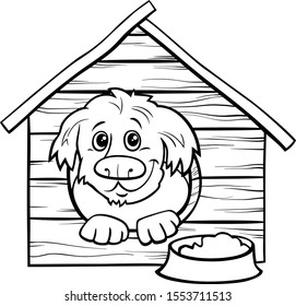 Black and White Cartoon Illustration of Happy Dog Comic Animal Character in the Dog Coloring Book Page