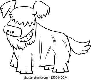Black and White Cartoon Illustration of Happy Shaggy Dog or Puppy Comic Animal Character Coloring Book Page