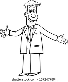 Black and White Cartoon Illustration of Happy Businessman or Man Character with Open Arms