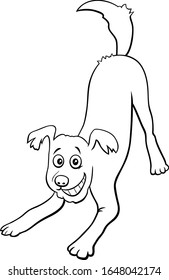 Black and White Cartoon Illustration of Happy Playful Dog Comic Animal Character Coloring Book Page