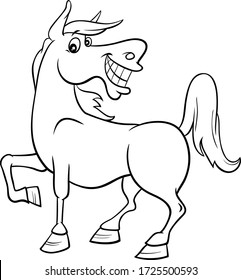 Black and White Cartoon Illustration of Happy Horse Farm Comic Animal Character Coloring Book Page