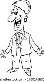 Black and White Cartoon Illustration of Happy Businessman or Man Character in Suit Coloring Book Page