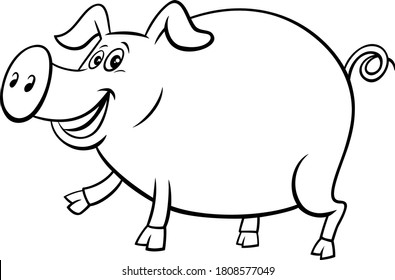 Black and White Cartoon Illustration of Happy Pig Comic Farm Animal Character Coloring Book Page