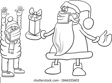 Schwarzweiß-Cartoon-Illustration des glücklichen Charakters des Weihnachtsmanns, das einem kleinen Jungen auf der Seite mit dem farbenprächtigen Buch zu Weihnachtszeit ein Geschenk gibt