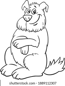 Black and white cartoon illustration of happy shaggy dog comic animal character coloring book page